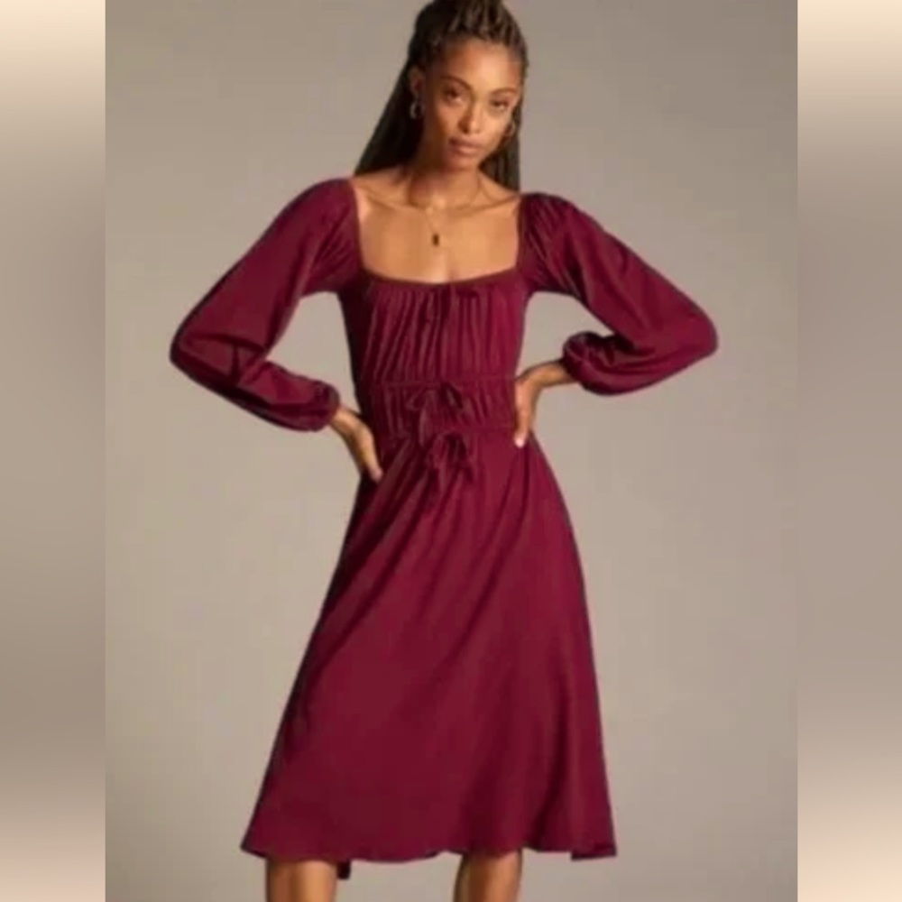 Anthropologie Burgundy Corseted Midi Dress